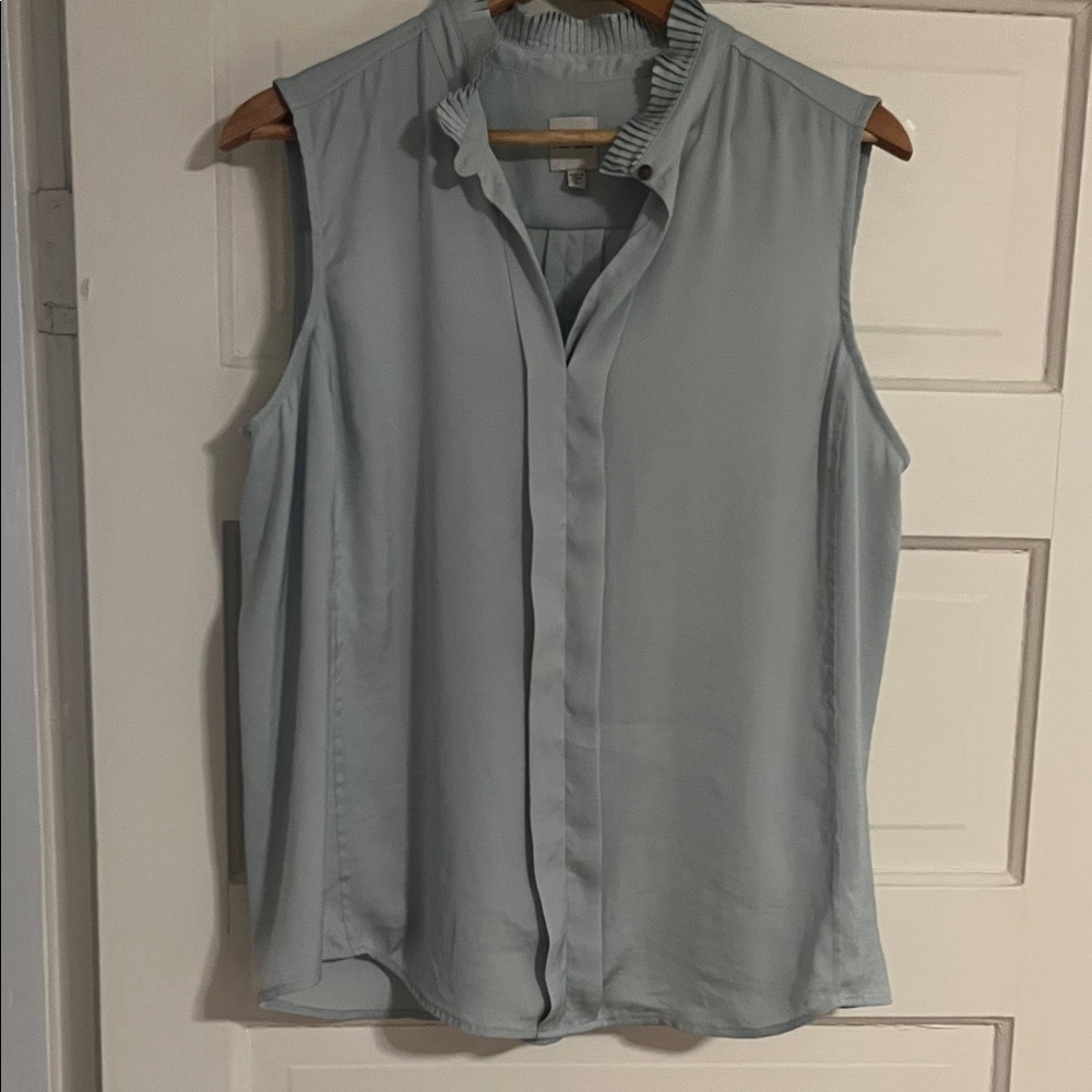 NIC+ZOE Ruffled Collar Sleeveless Blouse in Soft Blue Green